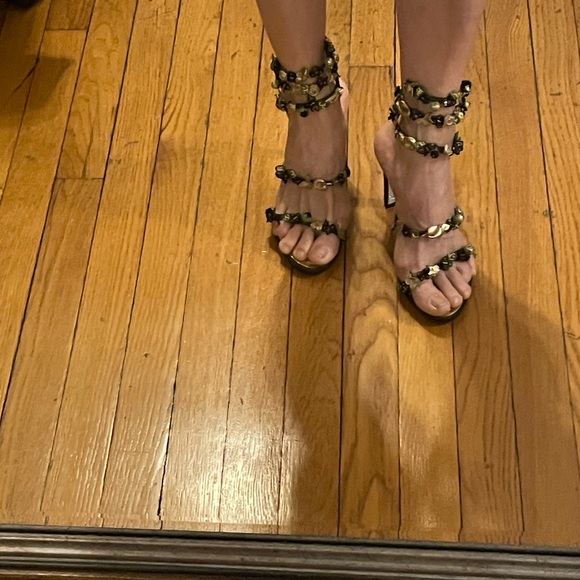 Rene Caovilla Black and Gold Floral Heels - Picture 6 of 7